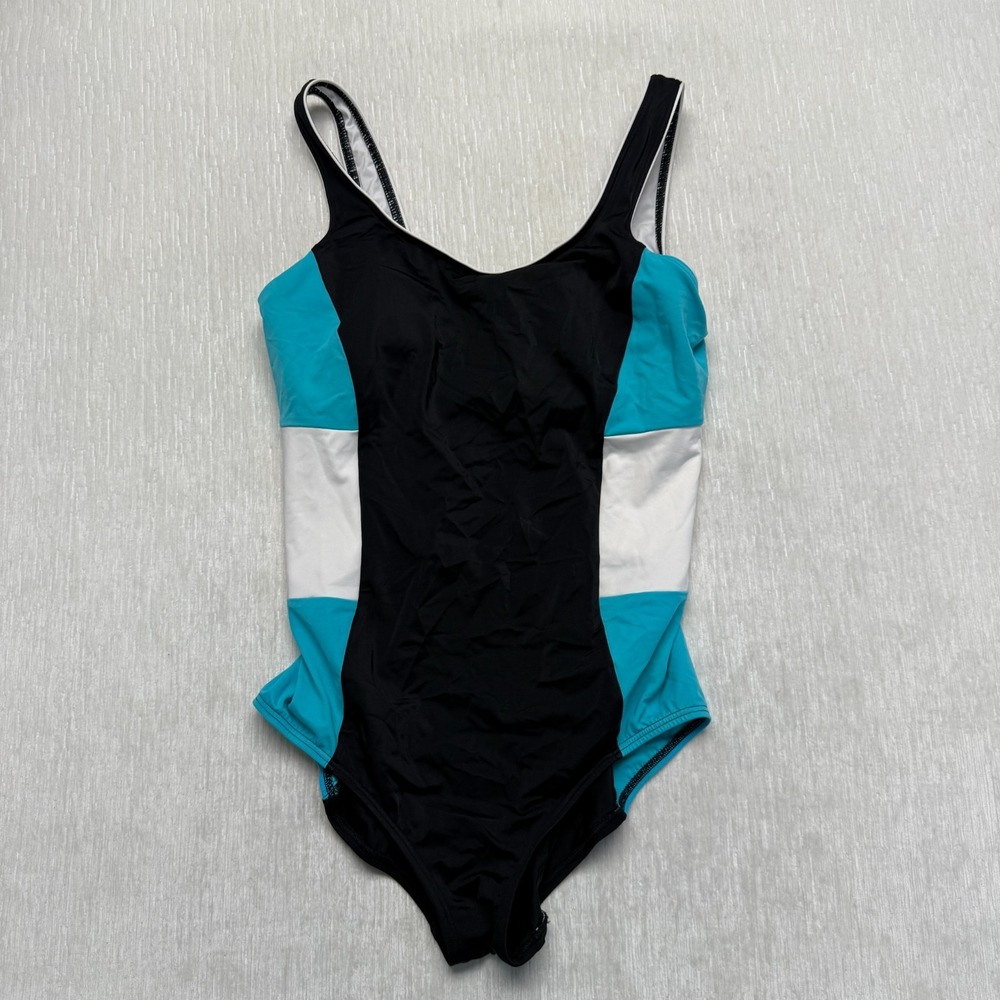 Lands End Swimsuit One Piece Womens 14 Black Blue Colorblock Tank 529704